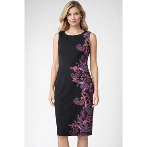 Maya Brooke Sleeveless Sheath Dress Black Paisley Print Career Size 12 Flatterin